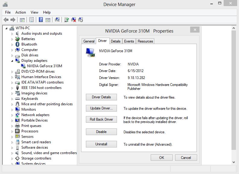 nvidia geforce 310m on windows 8